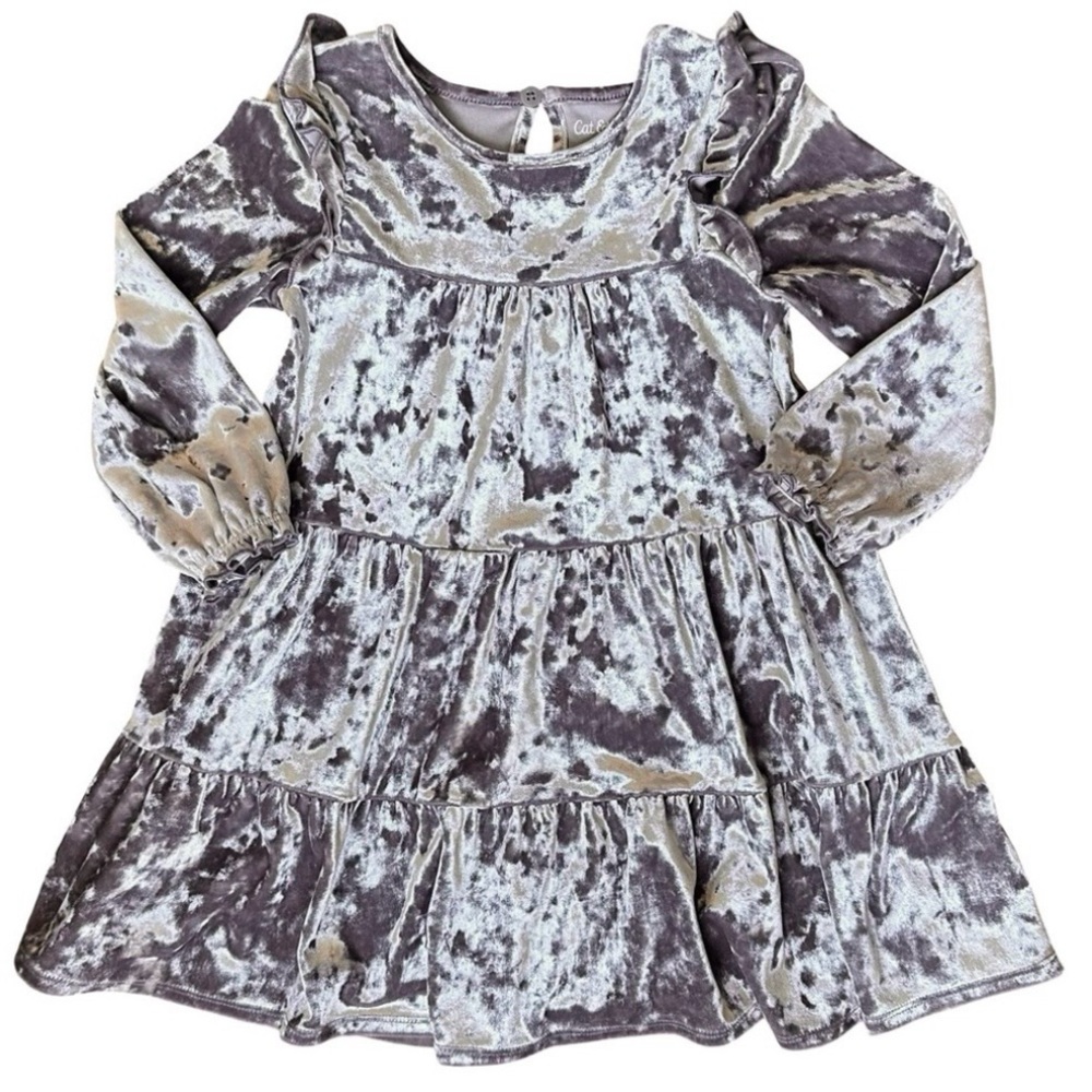 Cat & Jack 4T Girls Velour Silver Gray tiered long sleeve holiday dress